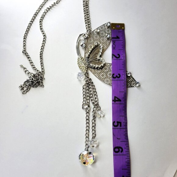 Filigree Butterfly Pendant Necklace with Aurora Borealis colourful Rhinestones - Picture 5 of 13